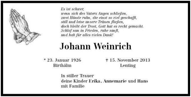 Weinrich Johann 1926-2013 Todesanzeige